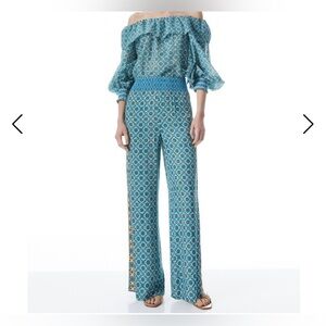 Alice + Olivia Russell High Waisted Smocked Waistband Pant In Washed Geo Size L